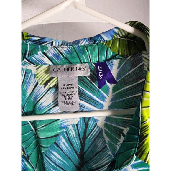 Catherines Blue Green Leaf Print Stretch Button Down size 2xWP - Picture 3 of 5